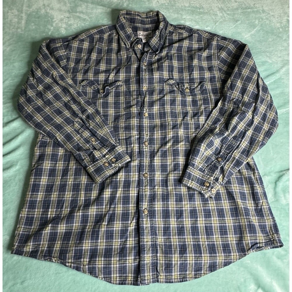 Carhartt Mens XL Blue Yellow Plaid Cotton Flannel Long Sleeve Button Down Shirt